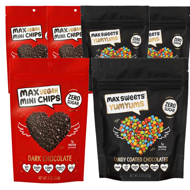 Max Sweets Dark Chocolate YumYums & Vegan Mini Chocolate Chips - Delicious Sugar Free Candy Ideal for Keto, Gluten Free, Diabetic, Low Carb, No Sugar Diets - 6 Pack