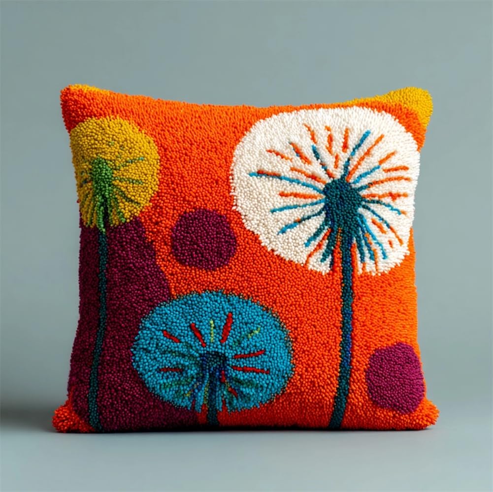 kitphoenix Latch Hook Cushion Kits for Adults 17X17Inch,Dandelion Latch Hook Pillow Case Kits Embroidery Kits 43X43Cm, DIY Needlework Pillow Cover Cushion Rug Making Kit, DIY Craft Kit for Women