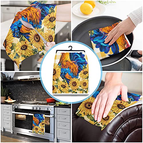 Kitchen Towels Farm Animal Rooster Sunflower Chicken Absorbent Tea Towel Soft Hand Dish Towel Yellow Plaid Reusable Washable Cleaning Cloth For Bathroom Bar For Everyday Cooking (Pack Of 3) #TOP3