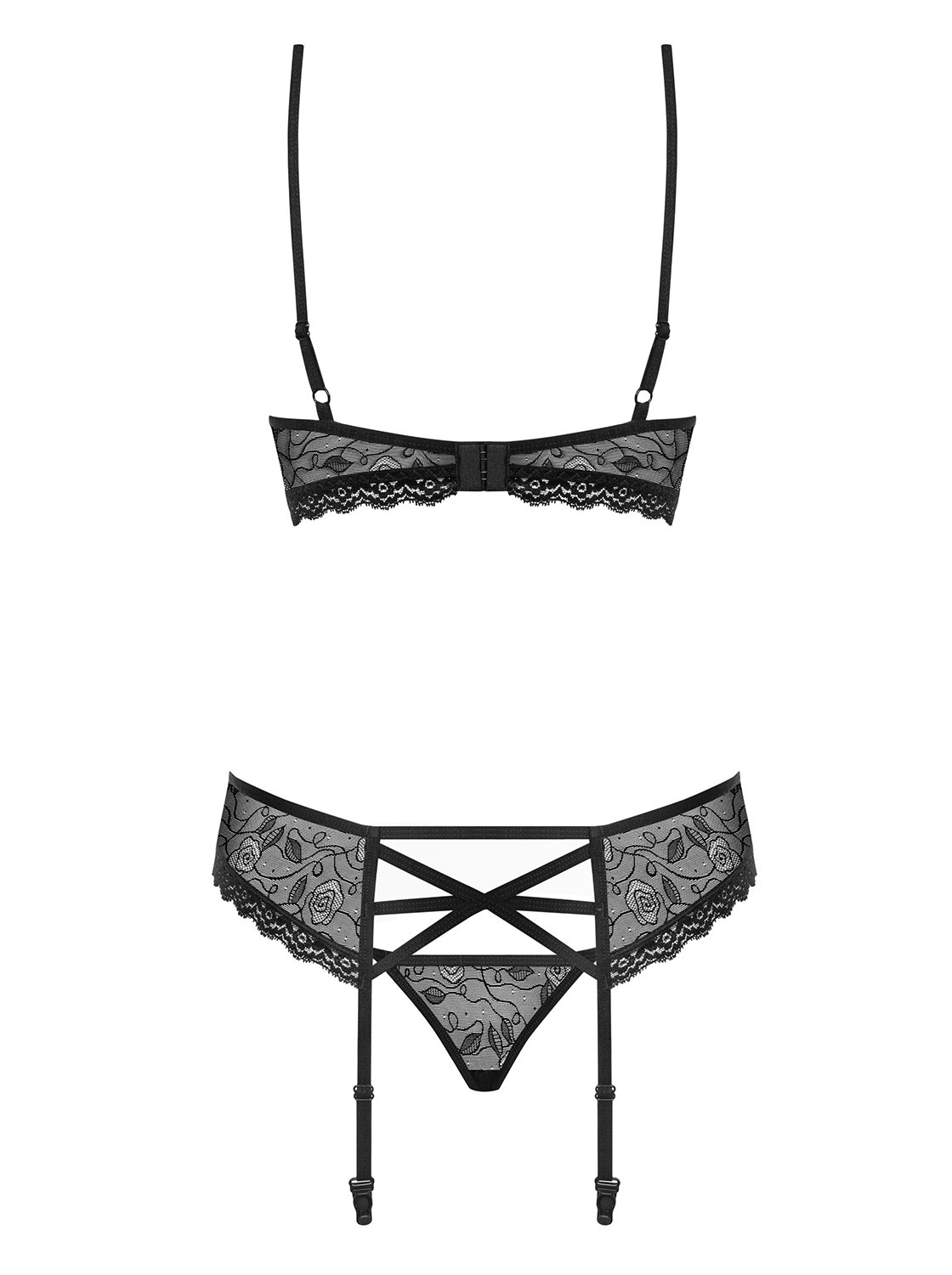 Obsessive. Damen Dessous Reizwäsche Set aus Soft-BH, Straps-Gürtel und String in schwarz transparent