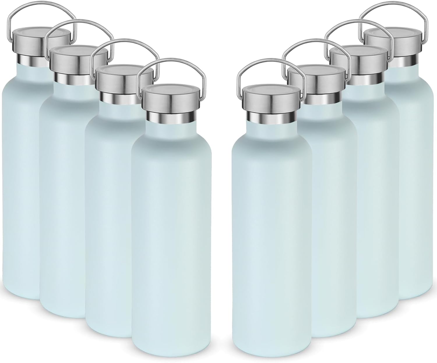 Volhoply 24oz Insulated Standard Mouth Water Bottle with Plastic & Stainless Steel Combination Lid Bulk 8 Pack, 304 18/8 Double Wall Vacuum Insulated Water Bottles, Reusable Metal Flask(Fog,8)