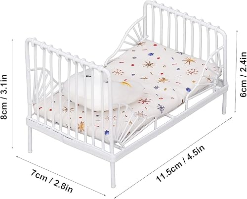 Miniatura 6 de RiToEasysports Casa de muñecas a escala 112, mini juego de cama de muebles decorativos con marco de metal, cama en miniatura realista, muebles