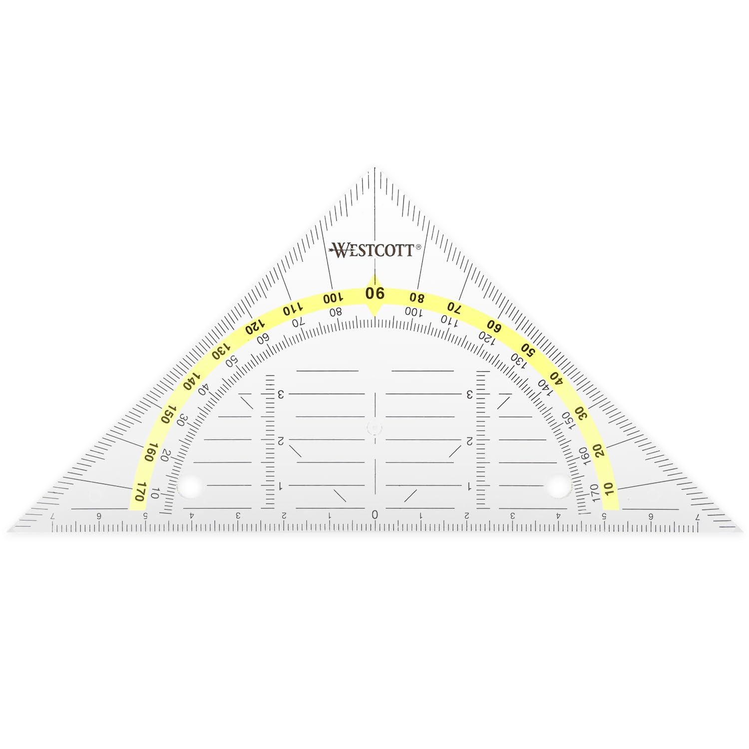 Westcott 14 cm Set Square, Staple-able, Transparent Plastic Set Square with Yellow Scale, Technical Scale & Protractor for School, University or Office, E-10139 00