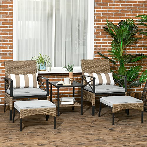 Outsunny 5 Piece PE Rattan Garden Furniture Set, 2 Armchairs,2 Stools, Steel Tabletop with Wicker Shelf, Padded Outdoor Seating, Khaki - Image 3
