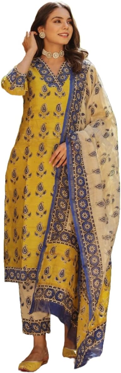 GoSriKiWomen's Rayon Blend Straight Printed Kurta with Pant & Dupatta