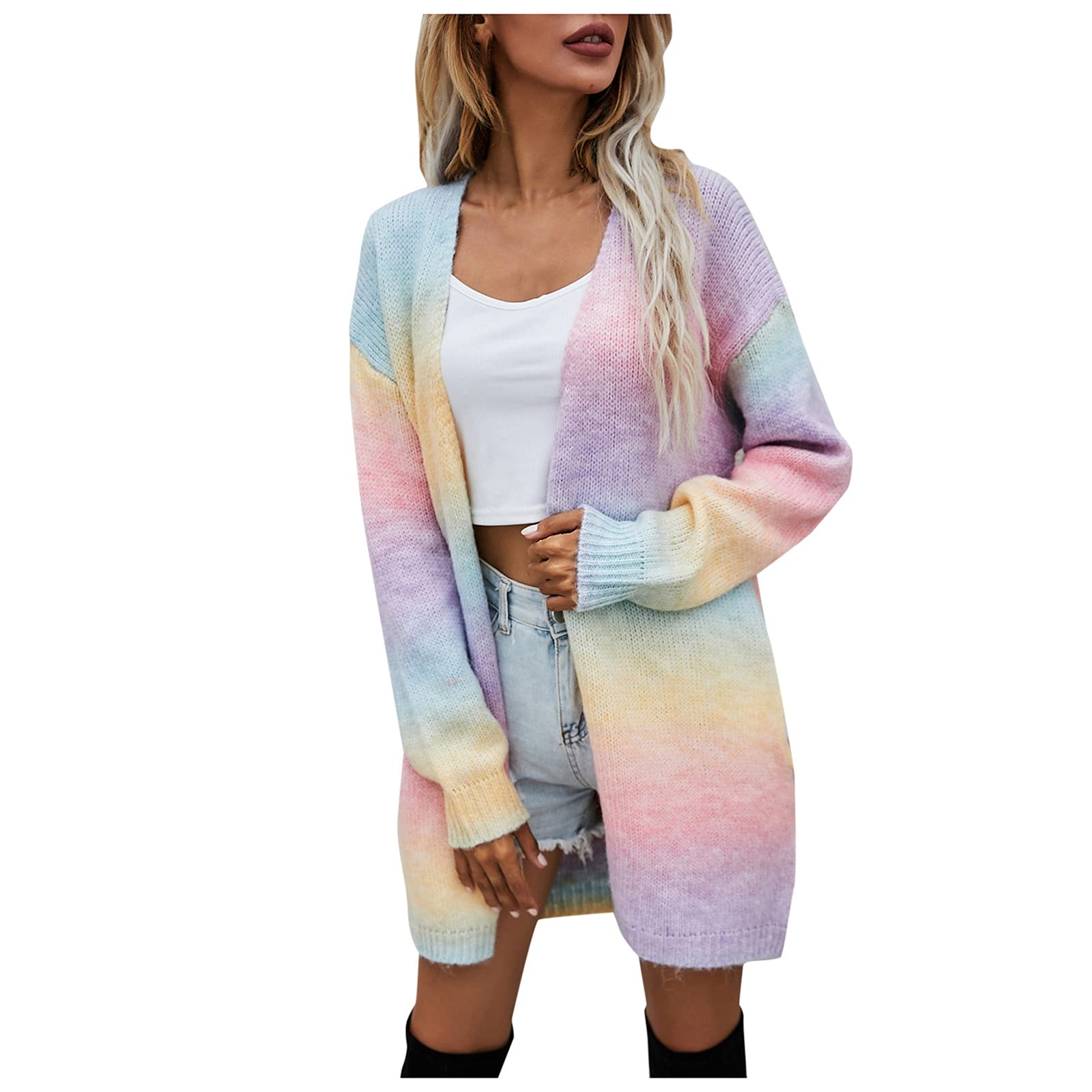 Generisch Chaqueta de forro polar para mujer, informal, estampado de Tie Dye, parte delantera abierta, manga larga, cárdigan de punto suelto, abrigo midi para exteriores