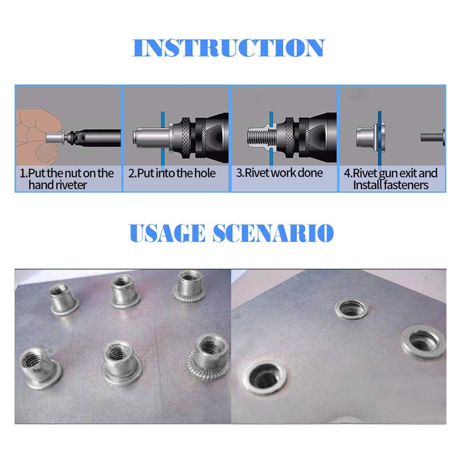 Kit assortimento di dadi for rivetti filettati metrici a testa piatta in alluminio M3/M4/M5/M6/M8/M10 da 100 pezzi(M10)