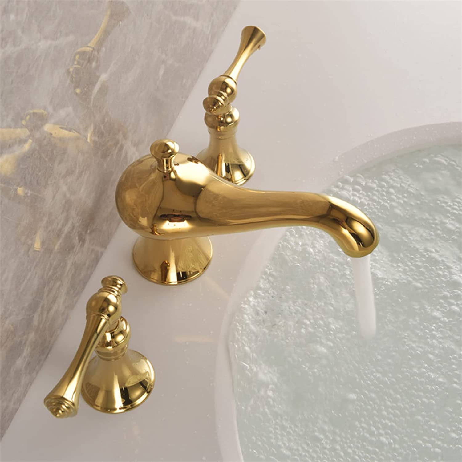 Goldene Waschbeckenarmatur Mit Kristallgriff - Retro-Design, 3-Loch-Montage, Keramikventil