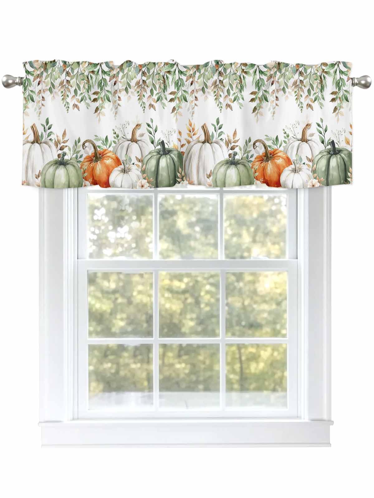LaBLUUX Fall Thanksgiving Pumpkin Valances for Windows Green Eucalyptus Leaf Fall Harvest Pumpkin Flowers Rod Pocket Curtain Valance Window Treatment