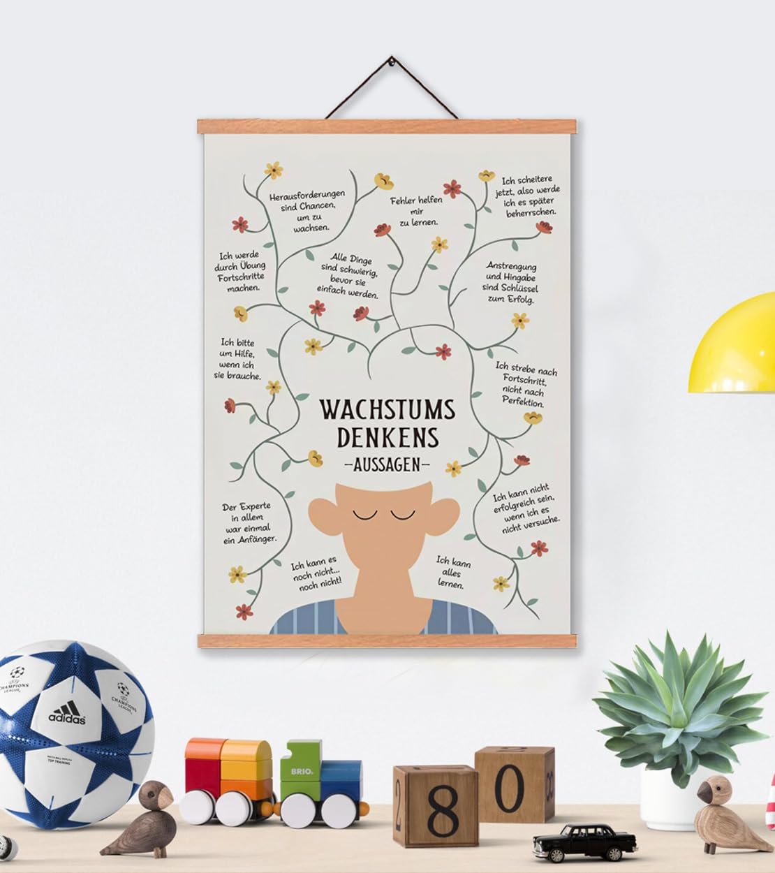 ZDFDC Wachstumsdenken Poster A3 Set mit Teakholz Magnetischer Posterleiste, 30x42 cm Leinwandbild Growth Mindset Aussagen für Grundschule & Kinderzimmer, Motivierende Lernposter Wanddeko