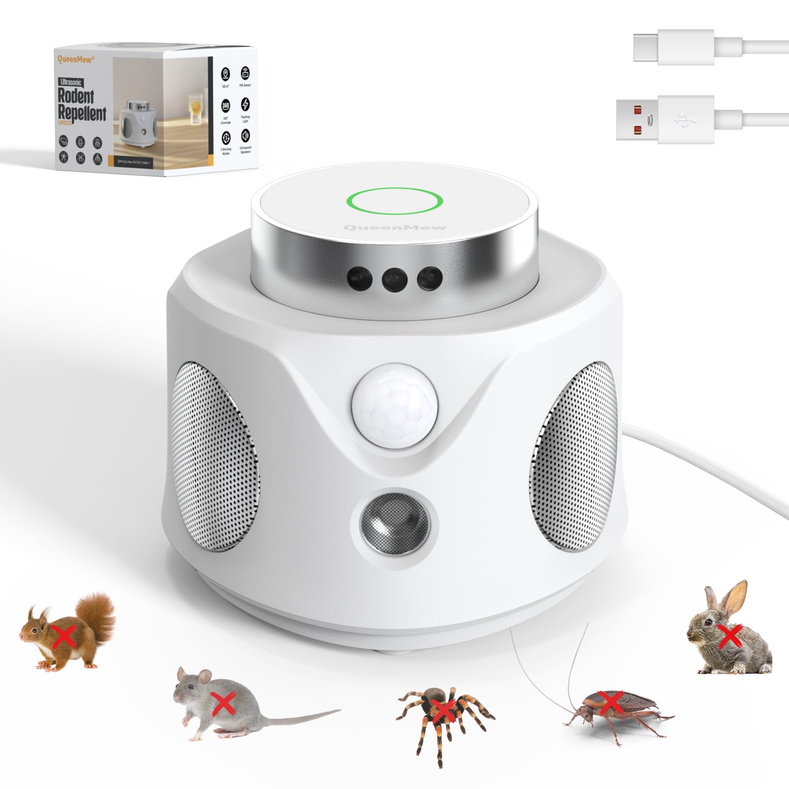 Répulsif Ultrasons Souris Rats 3 Emetteurs 3 Modes Anti Souris 9 Lumières Stroboscopiques 360° Anti Rongeurs
