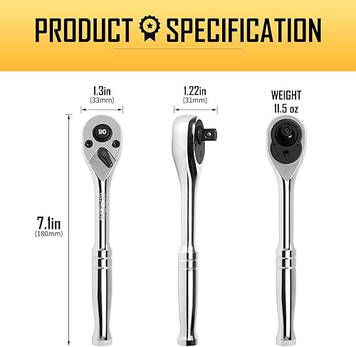 Miniatura 9 de boen Trinquete de 12 pulgada, llave de trinquete de liberación rápida de 90 dientes, columpio de 4 grados, reversible, aleación de cromo, pulido