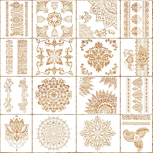 16 Pieces Large Mandala Stencil Reusable Mandala Stencil 12 x 12 Inch Mandala Painting Stencil Wall Stencils 8.3 x 11.7 Inch Drawing Templates for Floor Wall Tile Furniture DIY Painting Supply