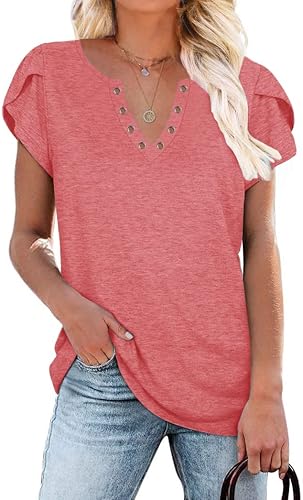 Camisetas casuales de verano para mujer cuello en V pétalo manga corta holgadas cómodas tipo túnica