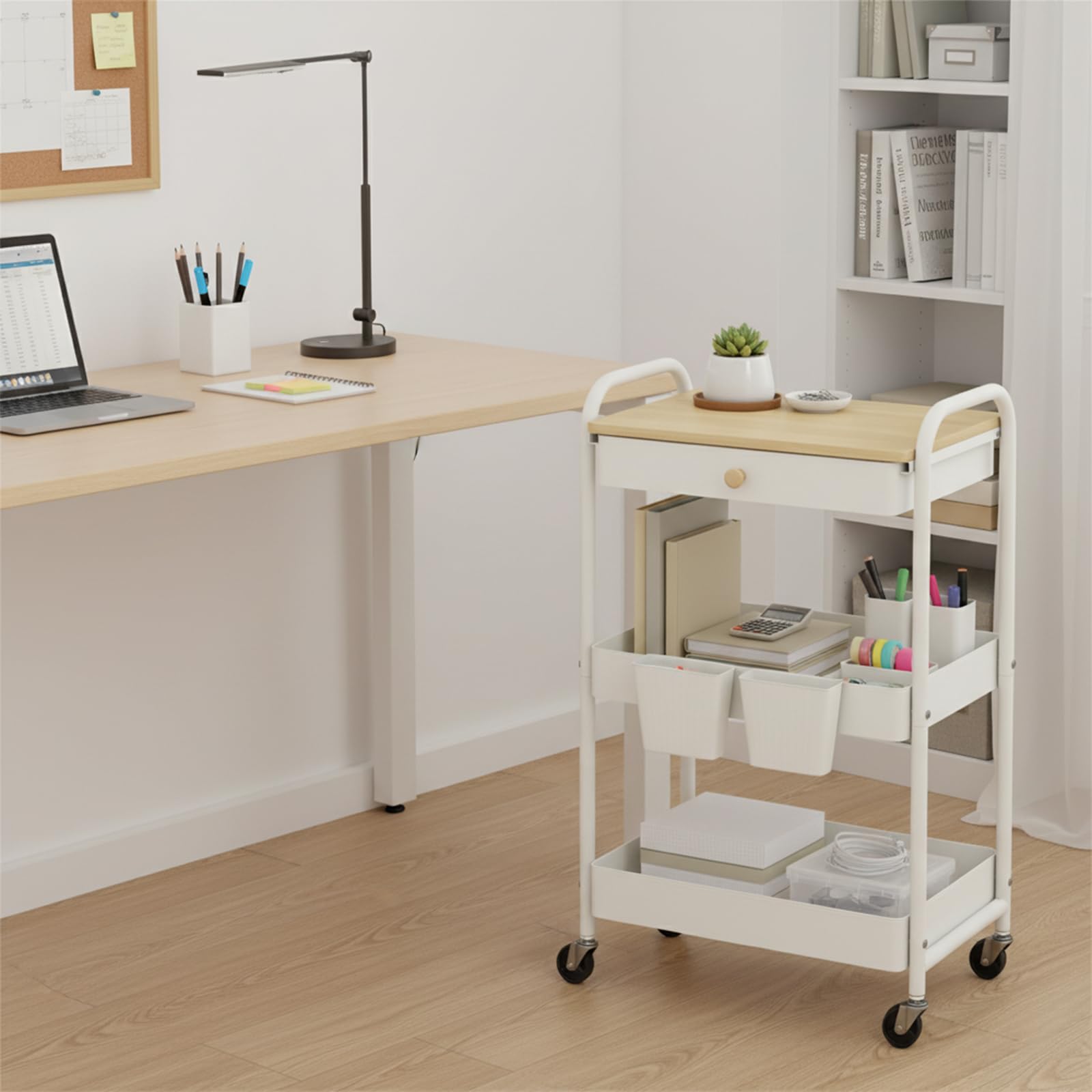 danpinera Carro con ruedas de 3 niveles de metal con cajones y tablero de madera, carrito de servir, carrito de manualidades, carrito de cocina con ruedas para cocina, salón, baño, ganchos y tazas
