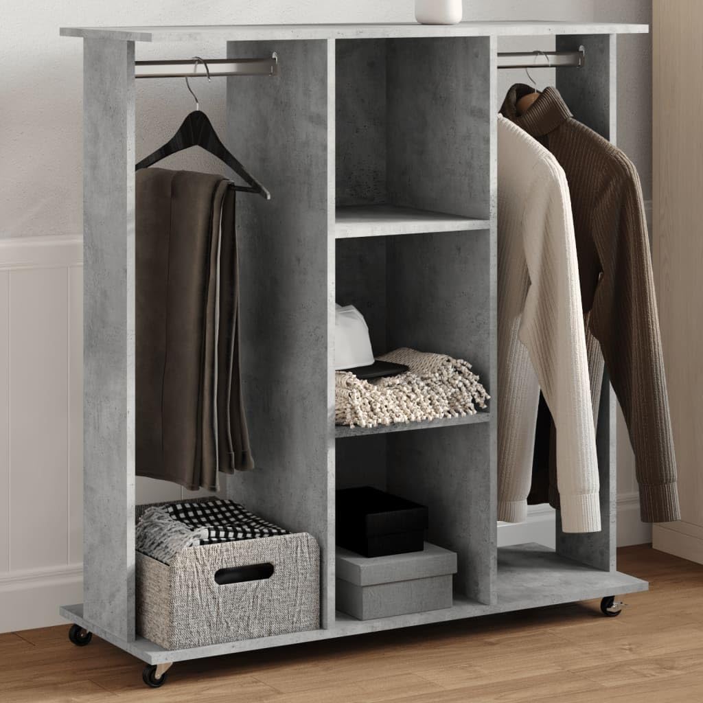 Armario con ruedas gris hormigón de 102x38x110 cm para almacenamiento y organización de madera