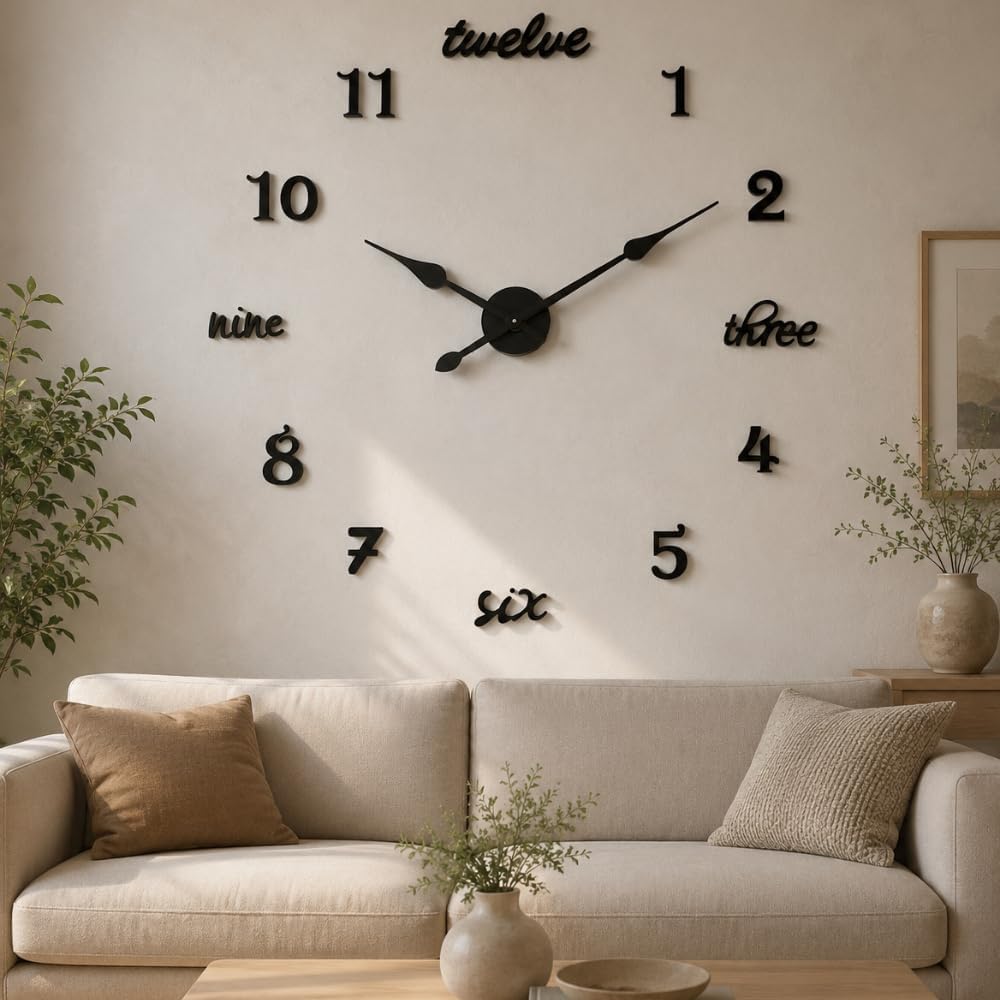 18 Inch DIY Acrylic Wall Clock, Silent Non-Ticking Frameless Self Adhesive Wall Clock, Mixed Number & Word Design, Modern Decorative Clock for Living Room, Bedroom, Office, Cafe, Black-picture-12