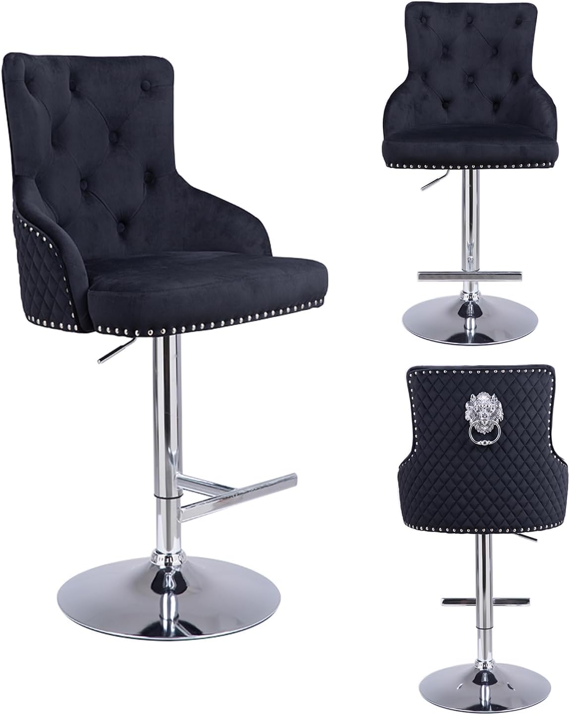 PS Global Ella Bar Stool Luxury Velvet With Lion Knocker Back Rest
