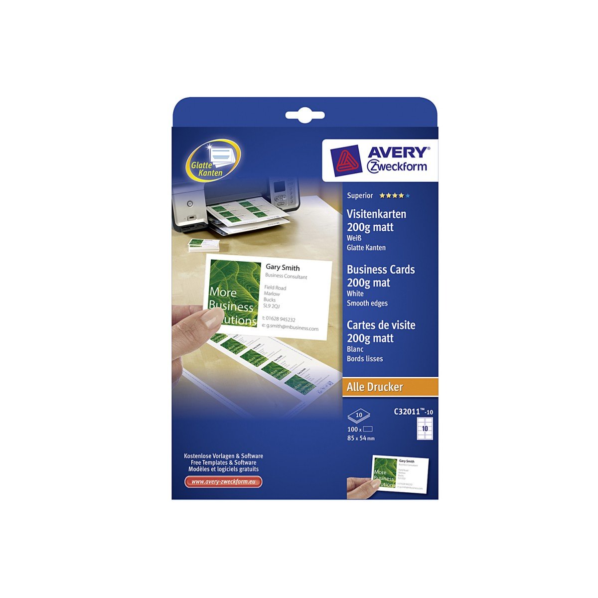AVERY Zweckform C32011-10 Superior Visitenkarten blanko – 100 Stück, 200 g/m², 85 x 54 mm, matt weiß, einseitig bedruckbar