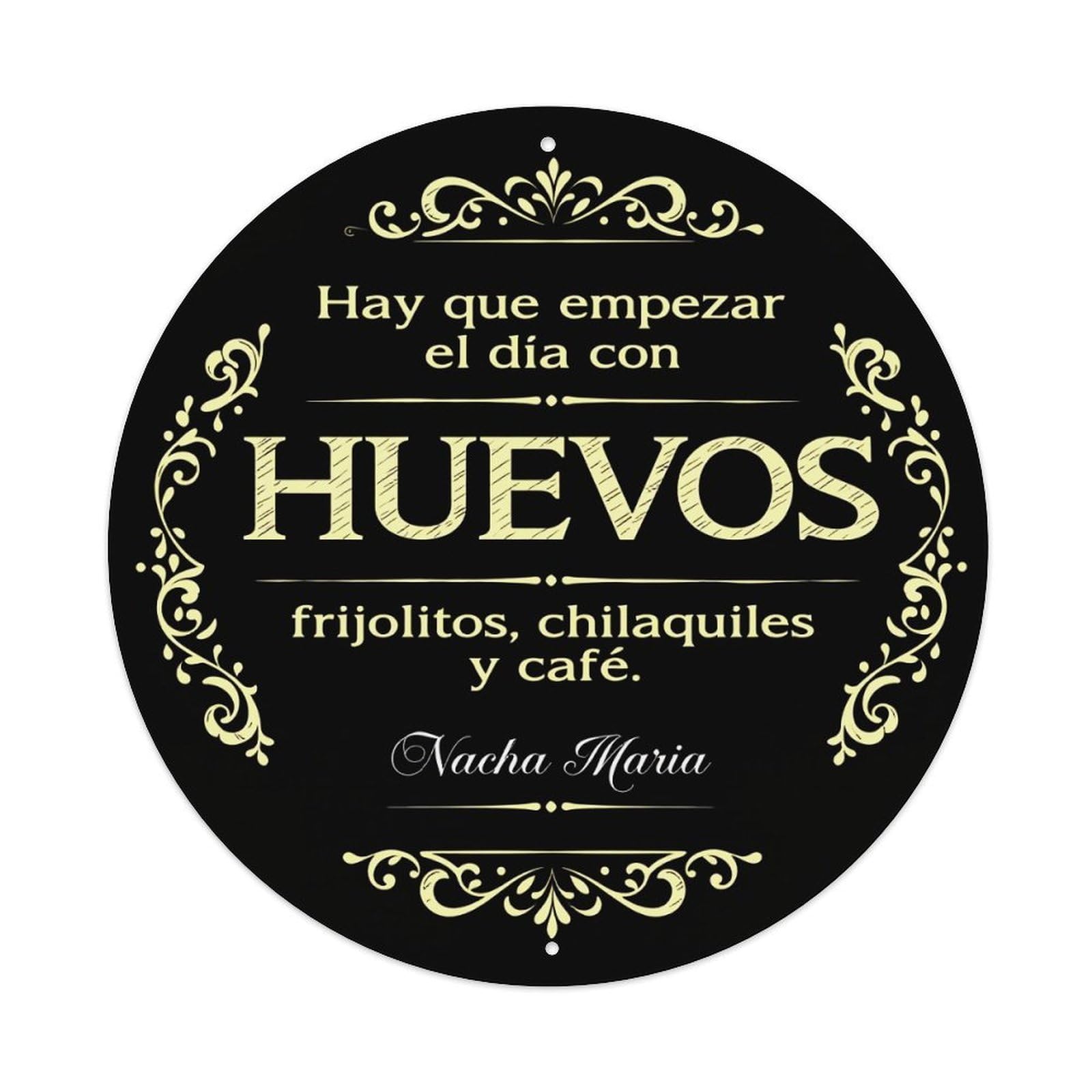 Wmlzdnwr Vintage Elegant Gold Ornate With Spanish Text On Black Background Round Tin Sign,Retro Wall Art,Metal Poster For Home, Bar, Garage, Cafe, Rustic Indoor & Outdoor Decor, 8X8 Inches