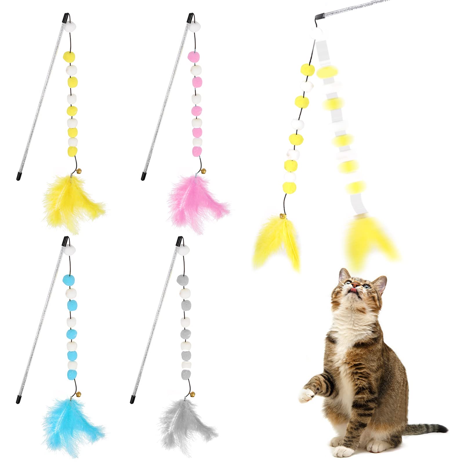 Feather Teaser Toy for Kittens or Cats,Interactive Scratch Teaser and Fun Exercise.Kitten Teasing Stick for Cat Activities,4 PCS Cat Teasing Sports Toys,Interactive Cat Stick Toys