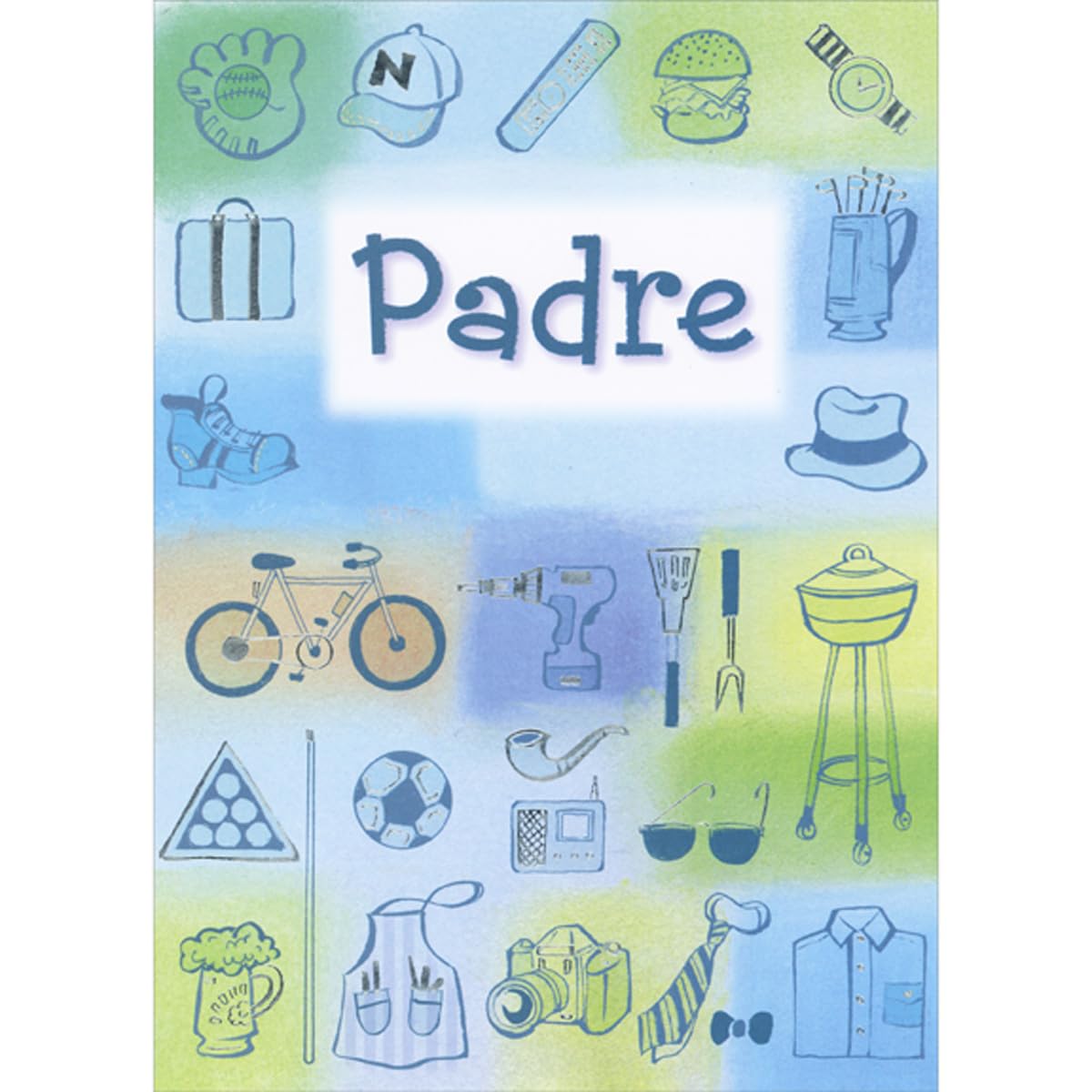 Designer Greetings Small Images in Green and Blue Sections: Glove, Hat, Remote Spanish Father's Day Card for Father