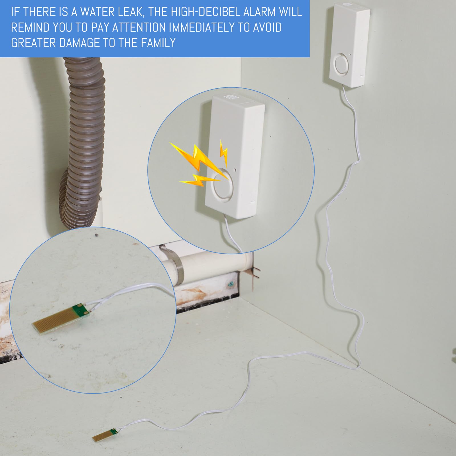 Hoteam Wasserleck-Detektor, 120 dB, Wasserleckalarm, 9 V Batterie, Wassersensor, Alarm, Flutsensor, Wassermelder, Überlaufsicherheitsalarm für Zuhause, Keller, Küche, Garage, Badewanne, Waschbecken