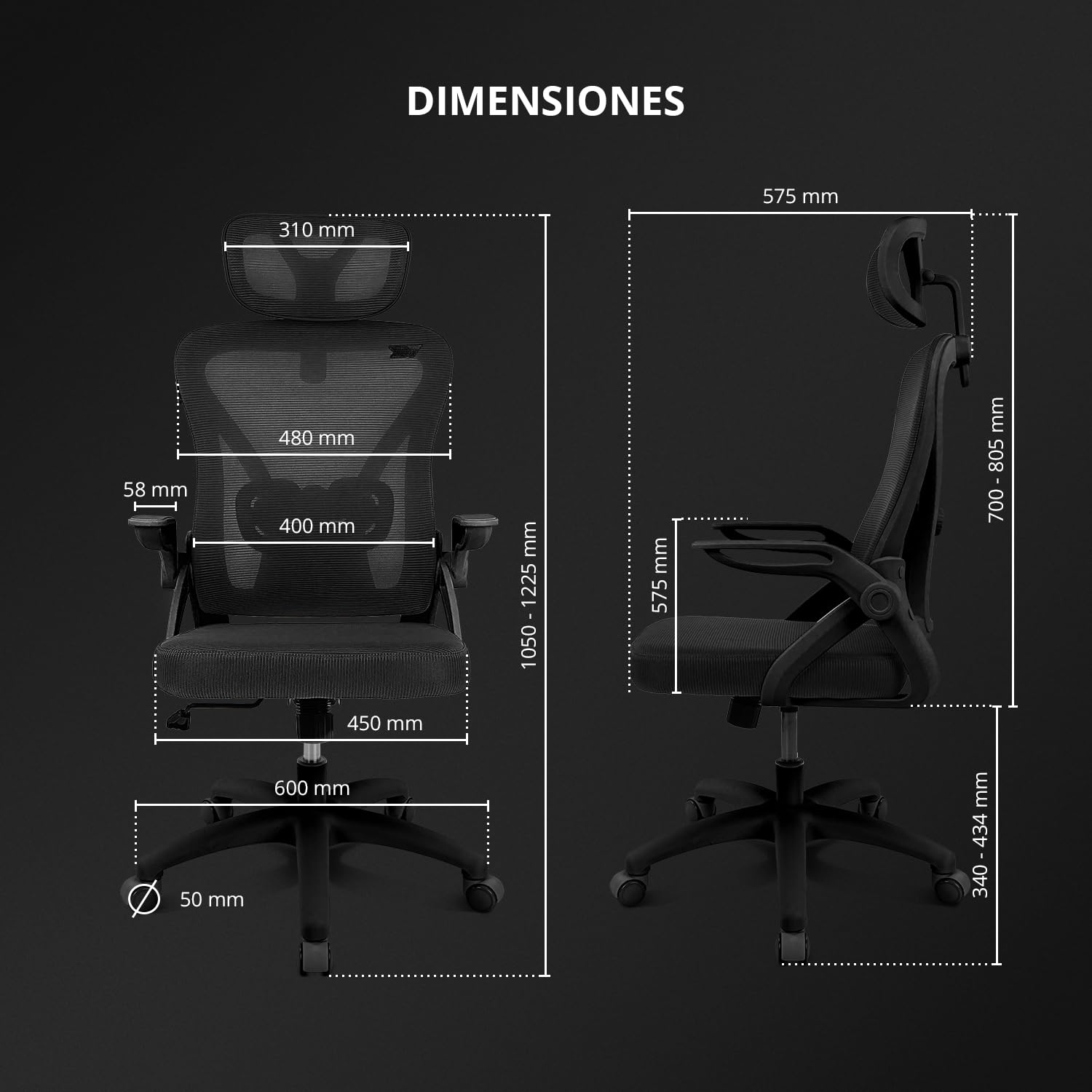 DRIFT GAMING DRAIR35 – Silla Escritorio Ergonómica Oficina y Hogar de Malla tensada Transpirable, Reclinable 90-120°, Reposacabezas y Reposabrazos Abatibles, Soporta hasta 120 kg, Negro