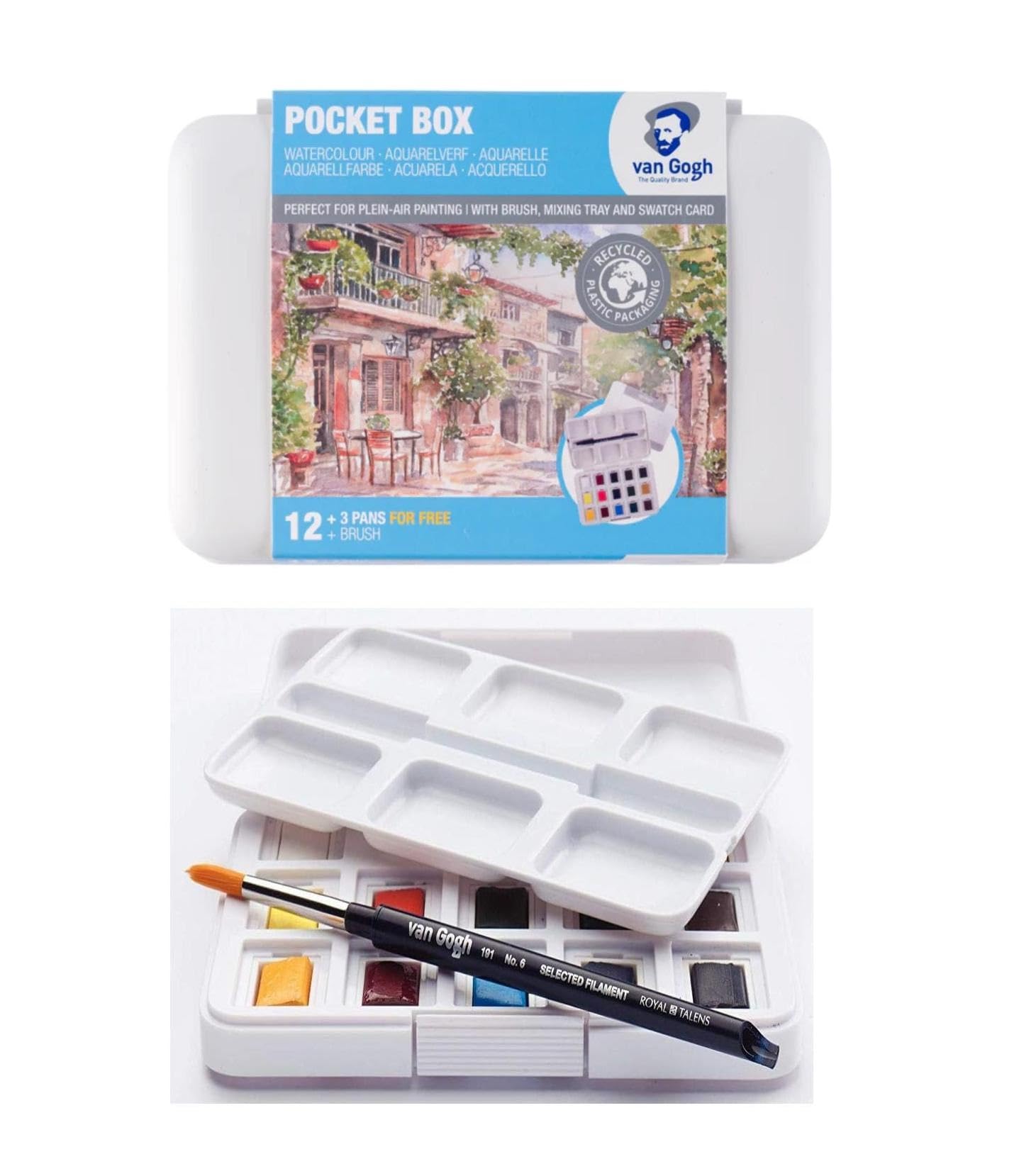 Van Gogh - Acuarela Van Gogh Pocket Box 15 medios cubos + Pincel sintético + Bloque de acuarela Hahnemühle Bloque de postkartenbloque 10,5x14,8cm