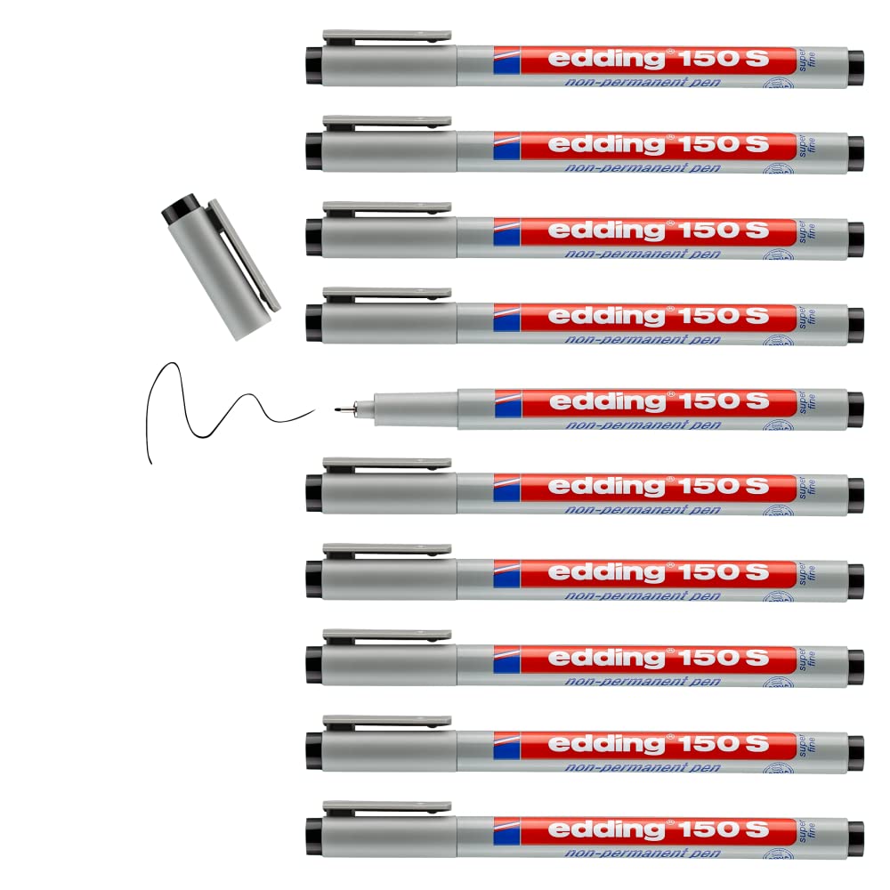 edding 150 S non-permanent pen - black - 10 pens - round nib 0.3 mm - pen for writing on glass, plastic, foils and smooth surfaces - quick-drying, can be corrected with water