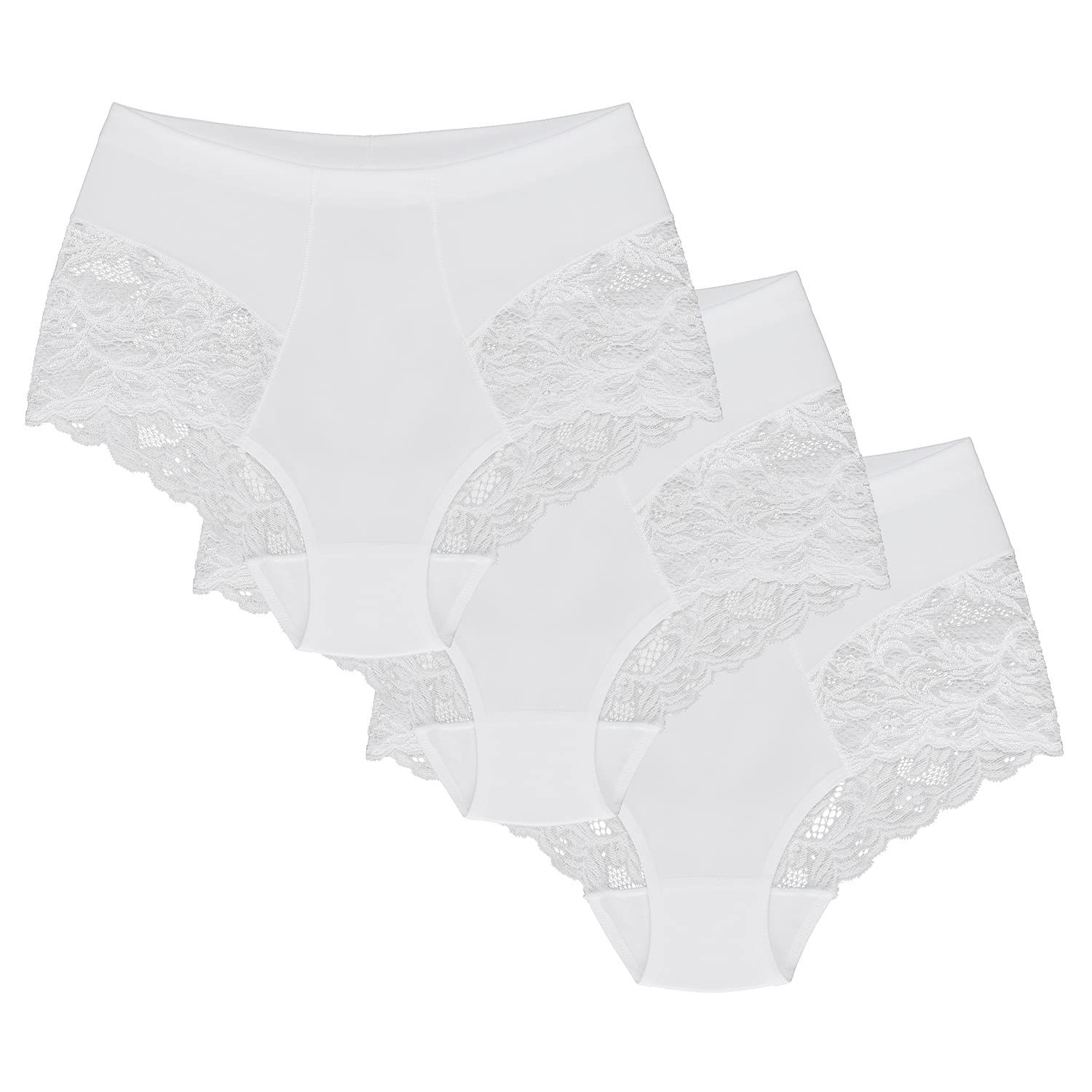 Wolbar Women's Sexy Shapewear Briefs Lace Panties High Waist WB184 3-Pack, White,2XL
