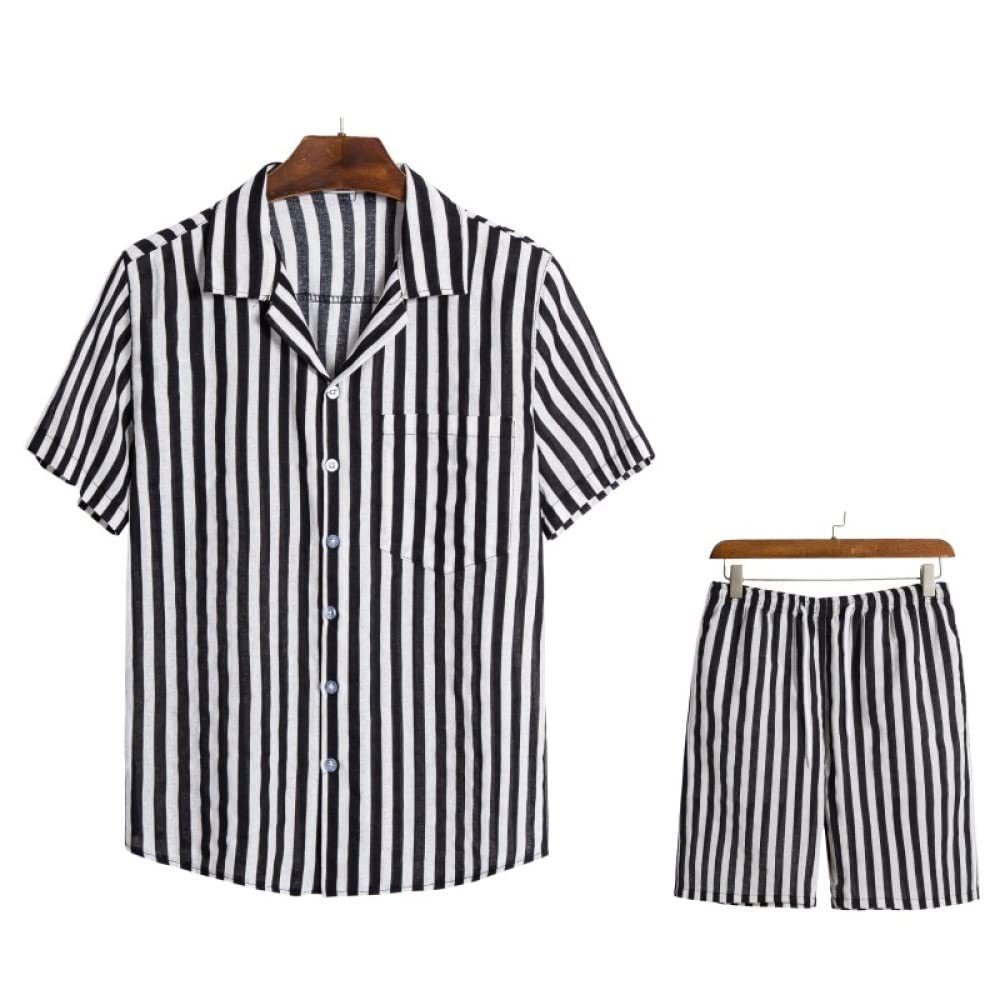 Camisa Hawaiana Hombre, Camisa Hawaiana para Hombre Y Pantalones Cortos De Playa Hawaianos Conjunto De Rayas De Lino De Algodón Negro Trajes De Hawaii Camisa De Playa De Manga Corta Casual Y Pantal