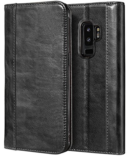 ProCase Galaxy S9 Plus Genuine Leather Case, Vintage Wallet Folding Flip Case with Kickstand, Card Holder, Magnetic Closure Protective Cover for Galaxy S9+ 2018 Release -Black