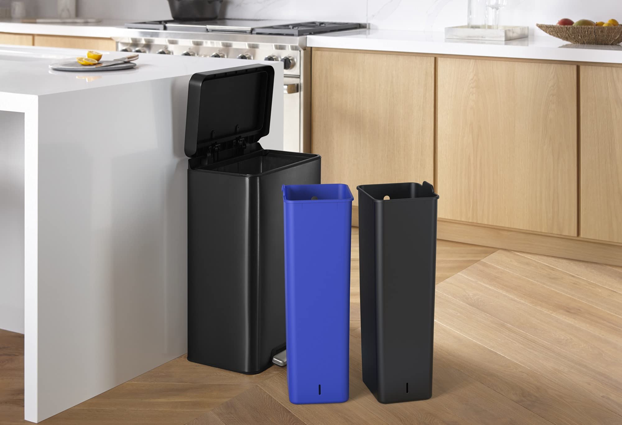 Kohler 20956BST Step Trash Can, 11 Gallon, Dual Compartment, Black