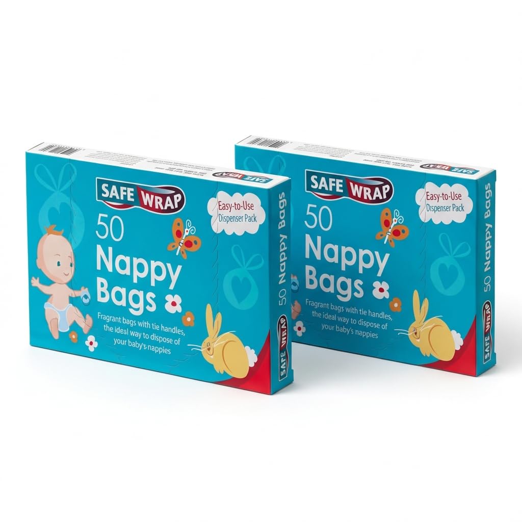 Safewrap Nappy Sacks with Tie Handle - 100 Disposable Nappy Bags (Pack of 2) - Baby Fresh Scented Diaper Disposal Bags for Travel and Home Use
