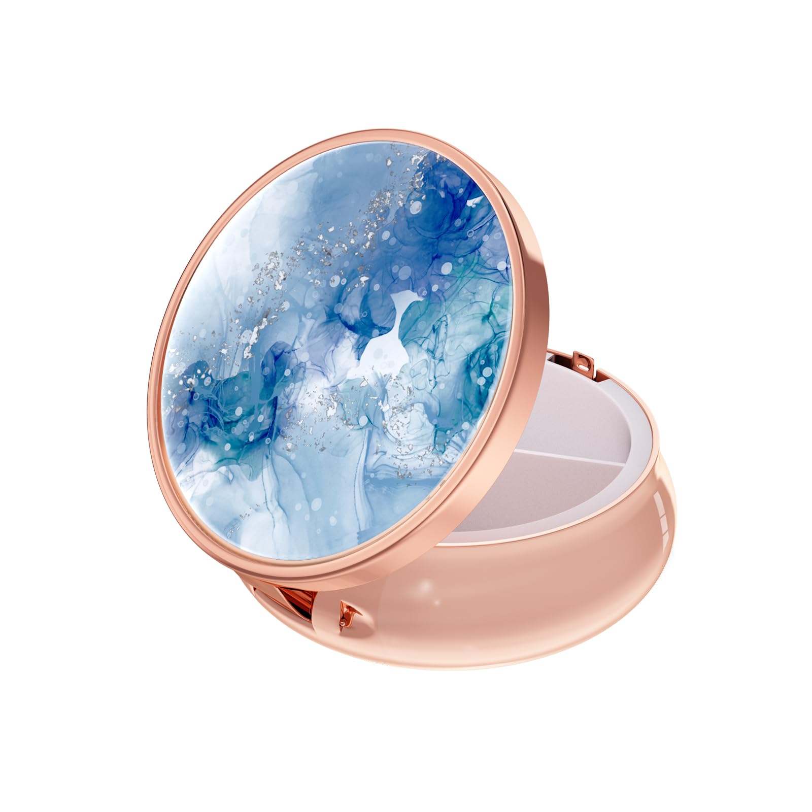 Rouidr Pill Box, 3 Compartment Medicine Pill Case, Small Pill Box for Purse & Pocket, Metal Travel Pill Box, Pill Container Medicine Holder Vitamin Container, Unique Gift, Rose Gold(Light Luxury Blue)