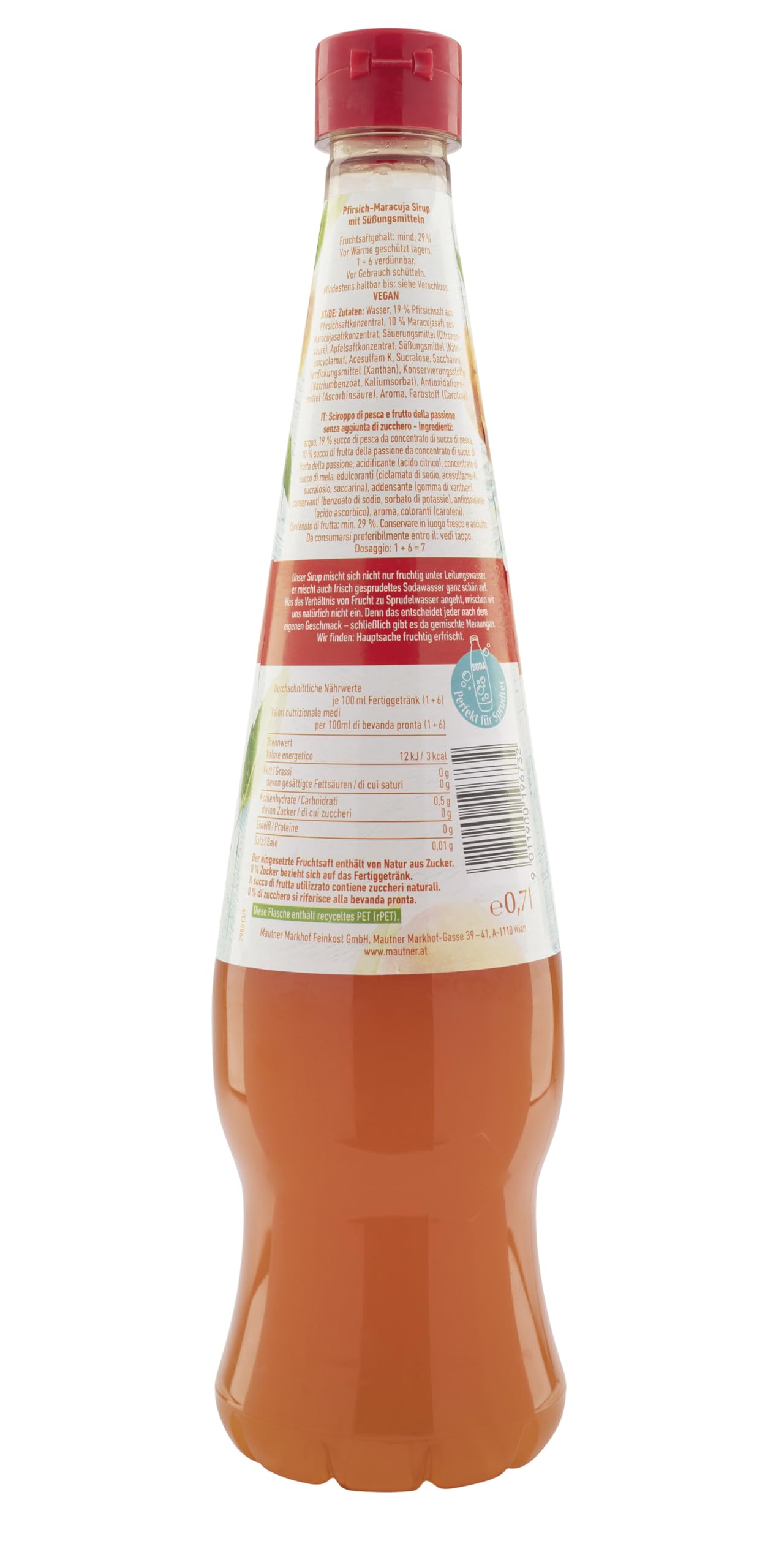 Mautner Markhof Sirup Pfirsich-Maracuja 0 % Zucker – 6 x 700 ml – fruchtiger low Carb-Sirup ohne Zuckerzusatz