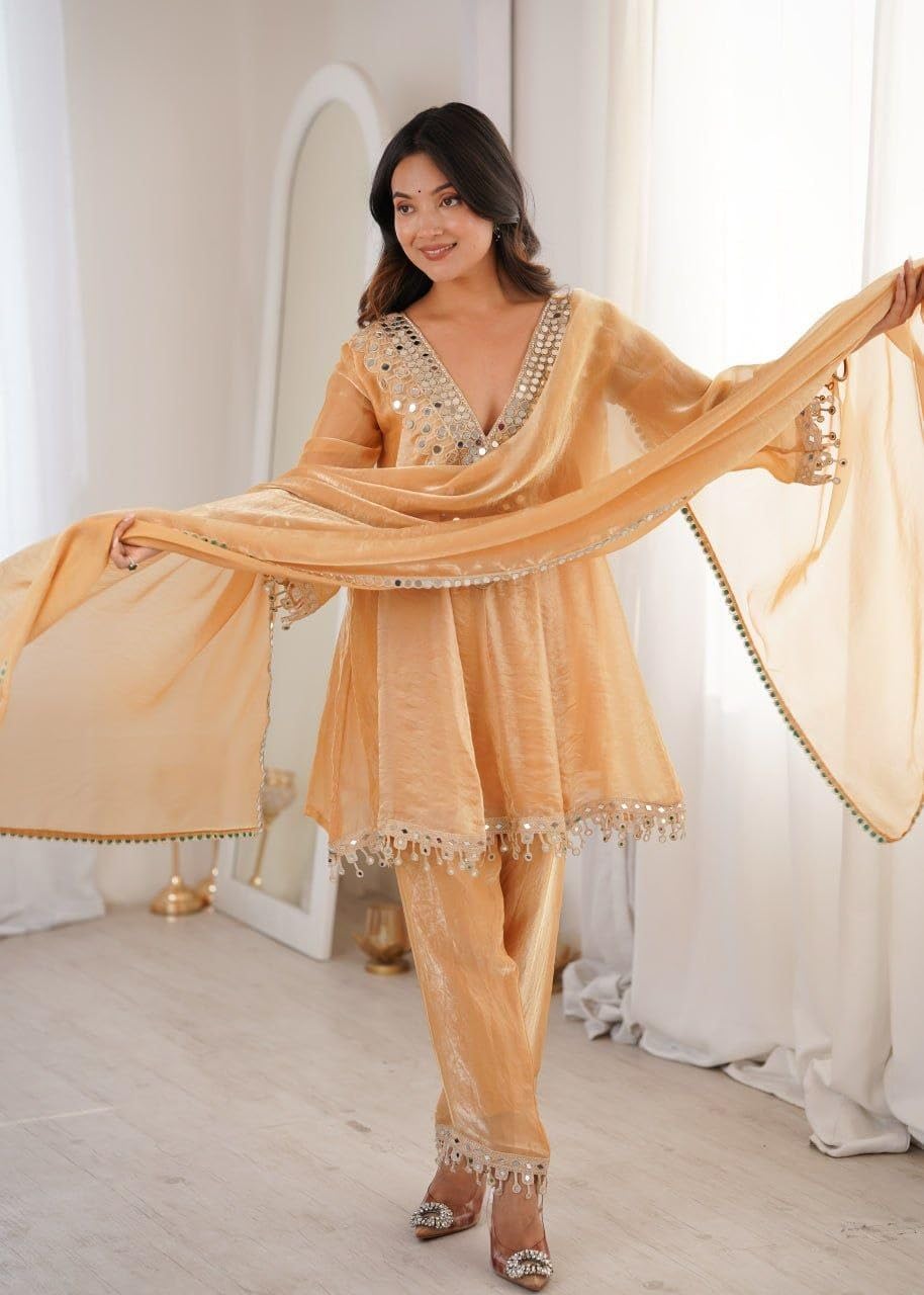 Women’s Fendy Fabric Kurti Pant Set with Dupatta Mirror Embroidered Lace Work Party Wear Outfit