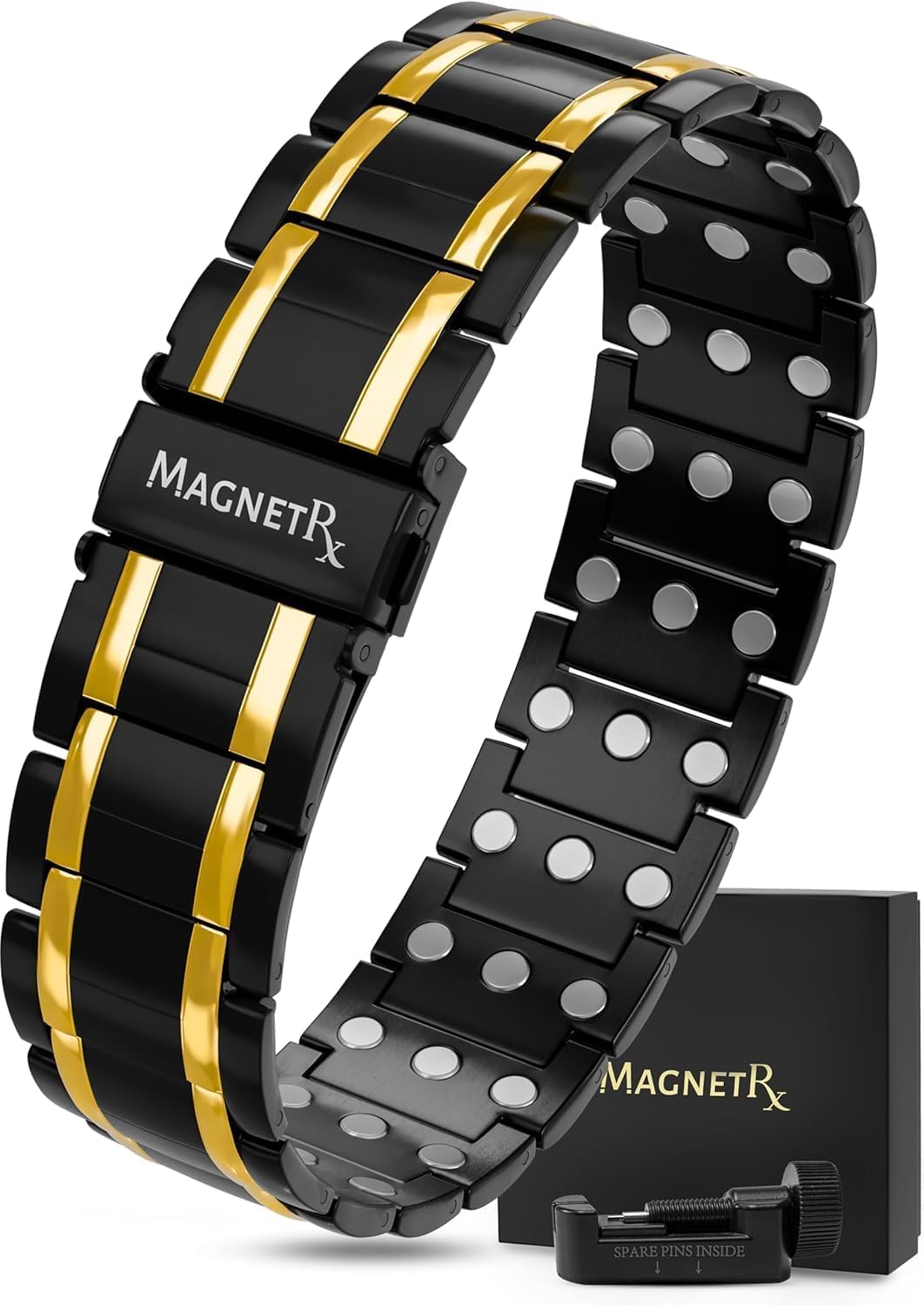 MagnetRX® 3X Strength Titanium Magnetic Bracelet – Magnetic Bracelets for Men – Premium Fold-Over Clasp and Adjustable Length with Sizing Tool (Black/Gold)