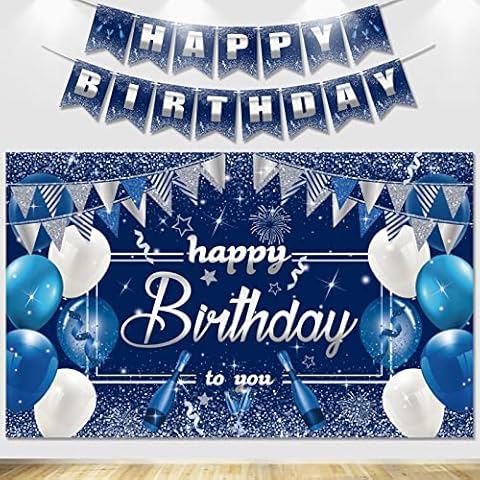Happy Birthday Backdrop Banner, Navy Blue and Silver Glitter Birthday Party Decoration Background, Birthday Party Supplies Photo Background for Men Women Teens Kids Cover