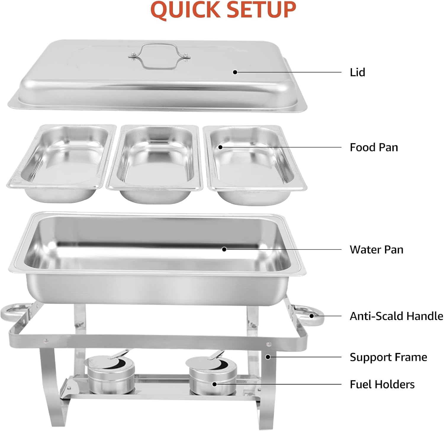 Chafing Dish Buffet Set 8 Qt 4 Pack Stainless Steel Chafer with 12 1/3 Size Pans Chafing Food Pans Rectangular Catering Warmer Set for Parties Banquet Wedding Dining