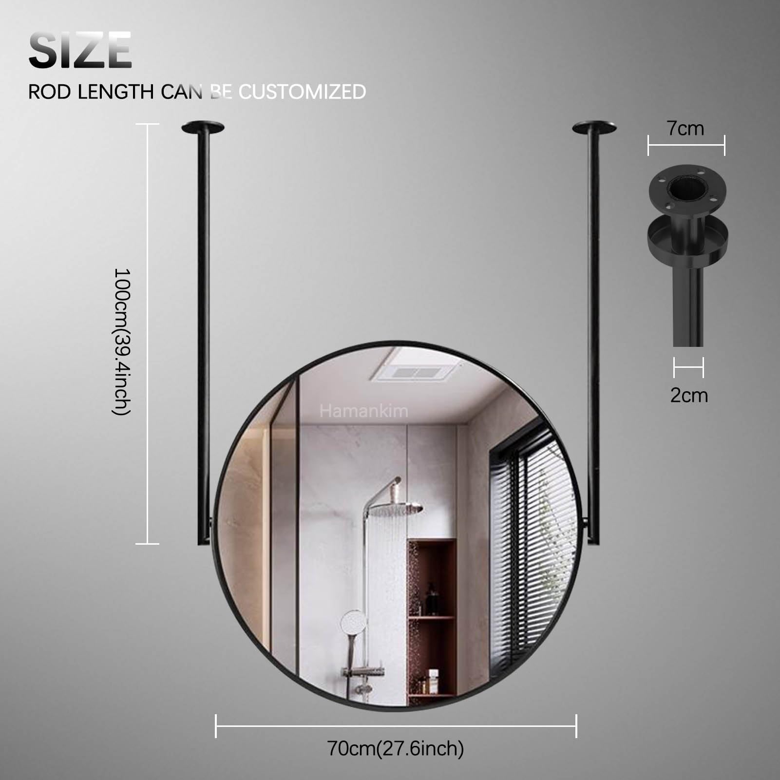 Okrągłe lustro ścienne z metalową ramą i wysięgnikiem, dekoracyjne lustro wiszące do łazienki w przedpokoju, wiszące lustro sufitowe(Diameter-70CM/27.6INCH)