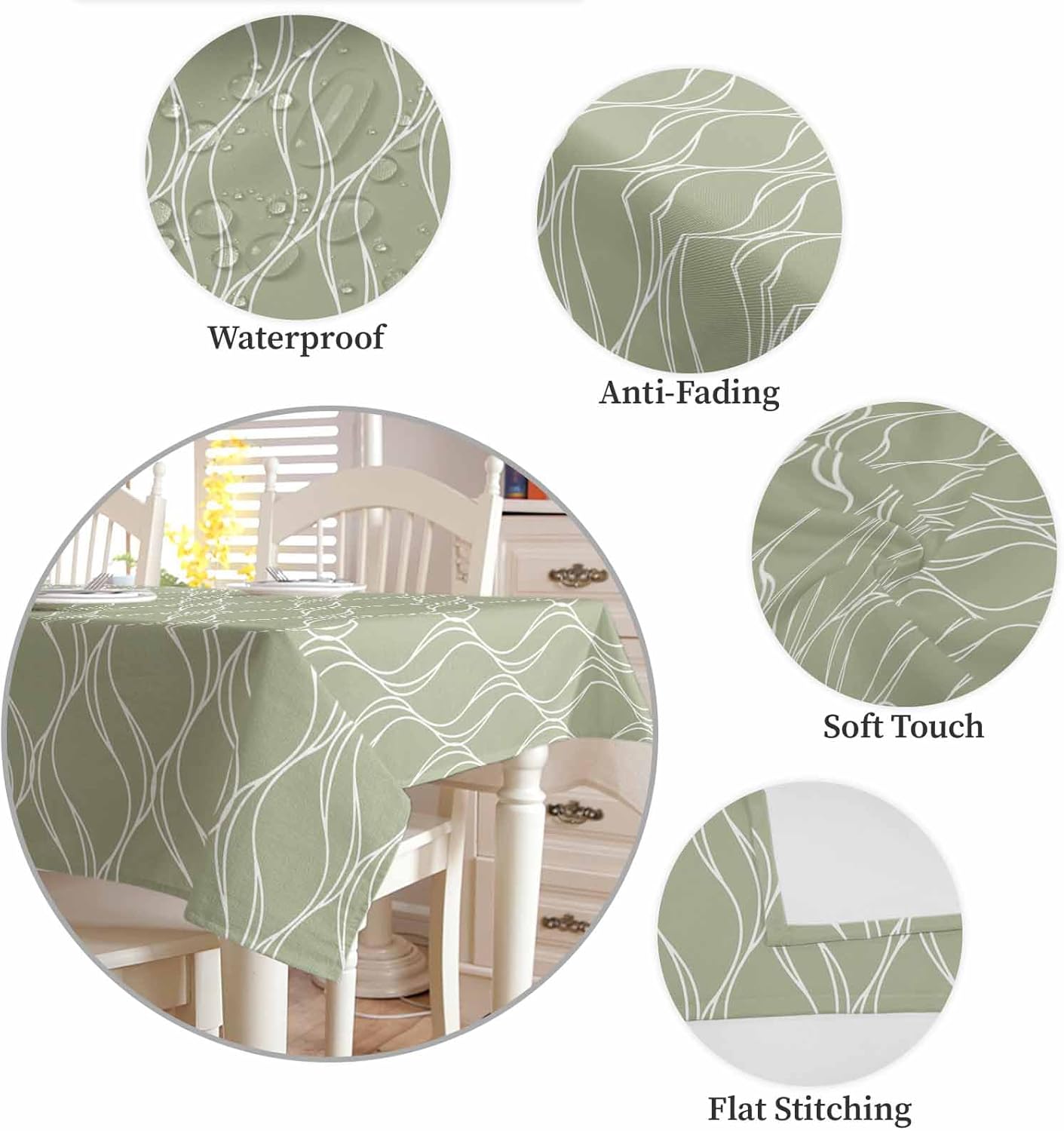 QueenKer Tablecloth for Rectangle/Oval Tables 52 x 70 Inch Geometric Wavy Texture Sage Fabric Table Cover Waterproof Washable Table Cloth for Dinning Wedding Party Outdoor Picnic Decorative