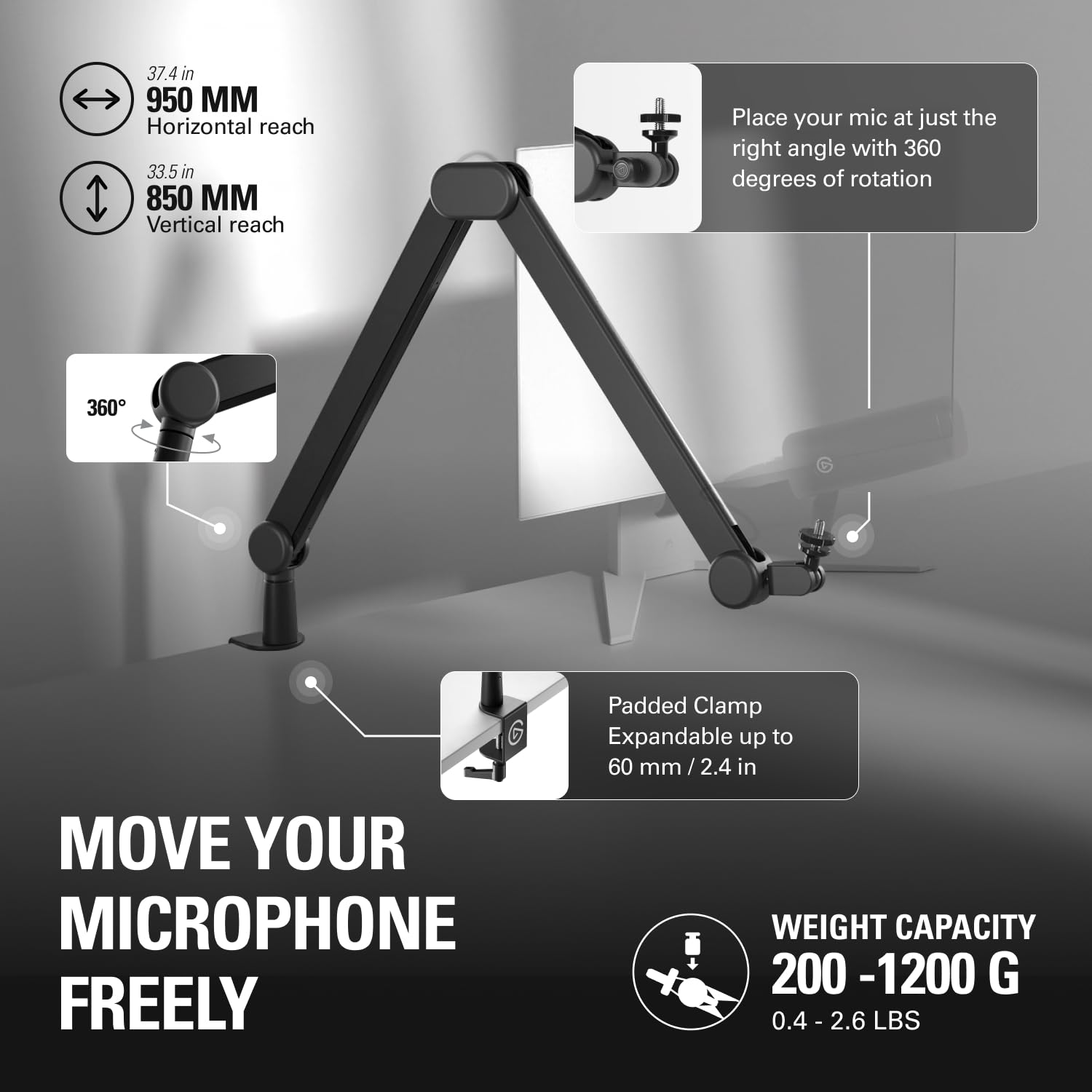 Elgato Wave Mic Arm MK.2 – Bras articulé de studio | Streaming et podcasting, passe-câbles, pince de bureau, rehausse, micros USB et XLR