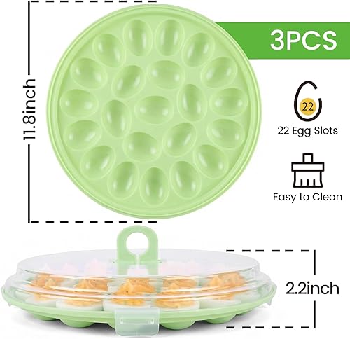 Miniatura 2 de HANSGO - Recipientes para huevos rellenos con tapa, 3 piezas, bandejas portaplatos para huevos rellenos con 66 ranuras para fiestas y cocinas, verde
