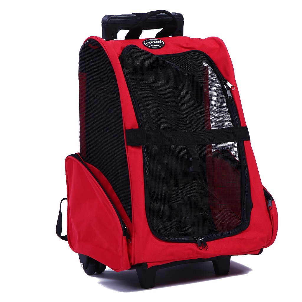 Pettom Pet Rolling Carrier Back Pack Dog Cat Wheel Around Luggage Bag (Red)