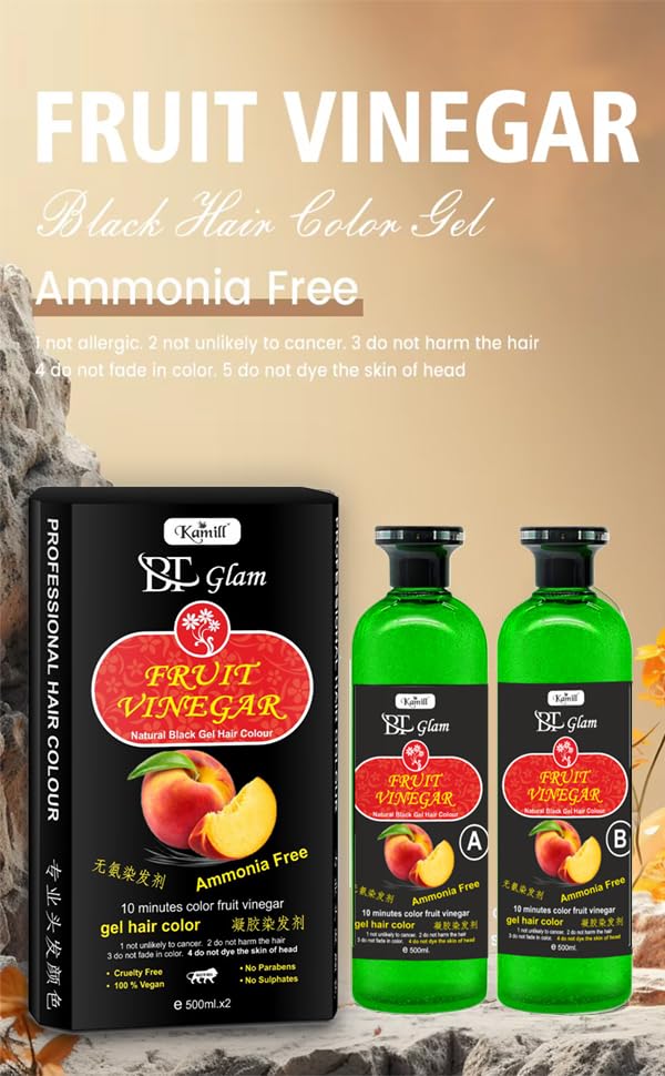 Image of Kamill BT Glam Fruit Vinegar Gel Hair Color Black 1000ml | Stain Free | Organic & Natural Hair Dye | No Ammonia | Hair Gel Color for Men & Women | Long Lasting | Covers Grey | Natural Black Dye
