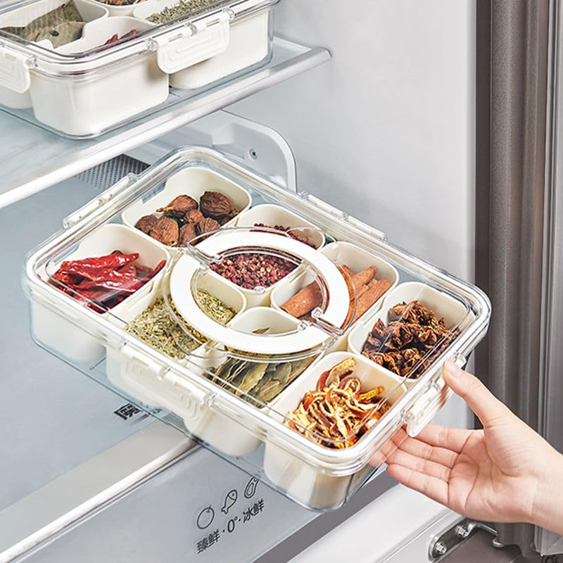 Image of Divided Fridge Storage Box with Lid & Handle, 8 Compartment Snack & Veggie Tray, Refrigerator Organizer for Fruits, Vegetables, Dry Fruits & Meat (8 Divided - with handle & lock)