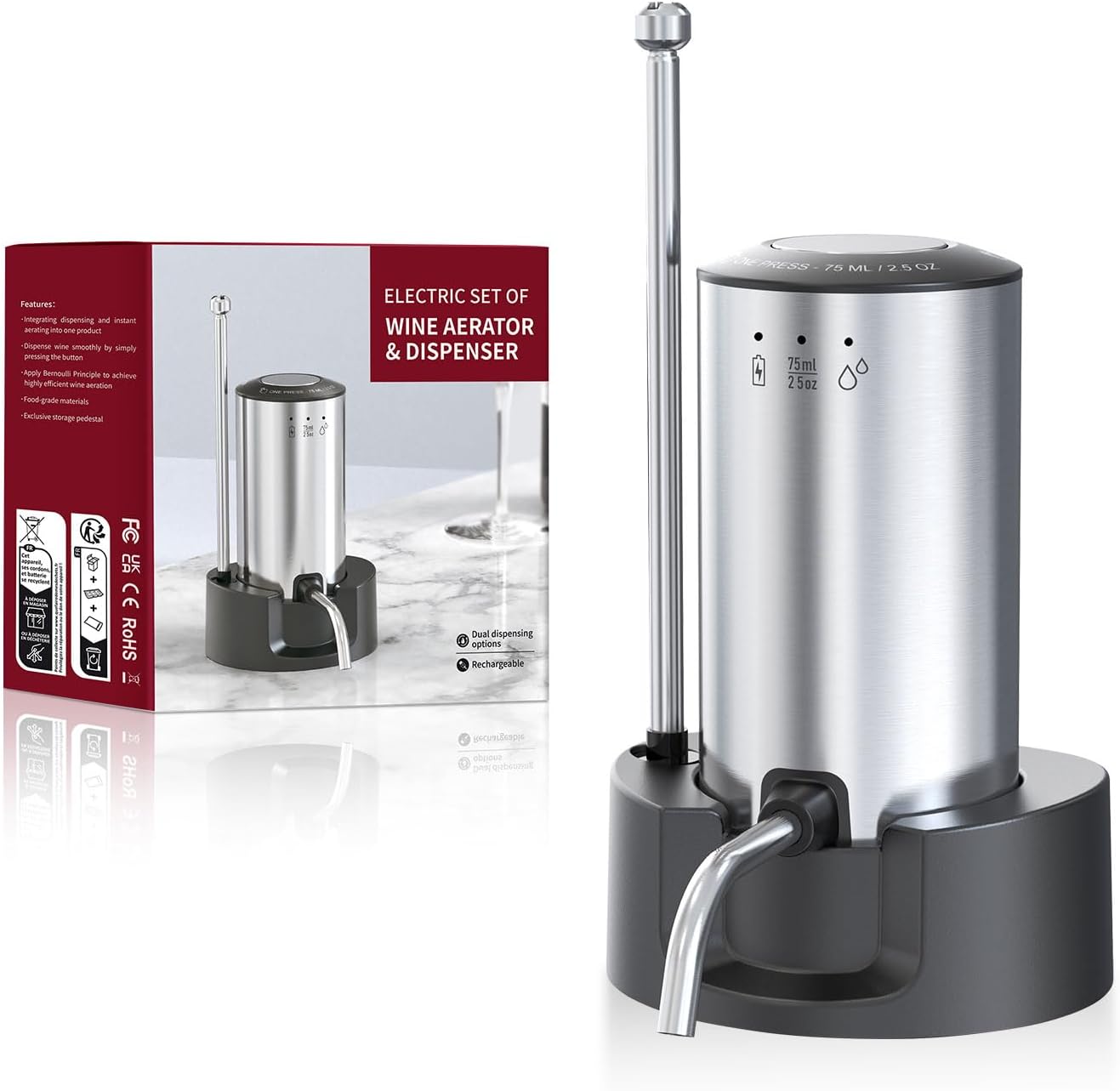 Upgraded Wine aerator Electric Wine Decanter, Rechargeable Automatic Wine Dispenser withStorage Base,Two Modes:long press to continuously Dispense wine/single press to Dispense75ml of Wine(Silver-set)