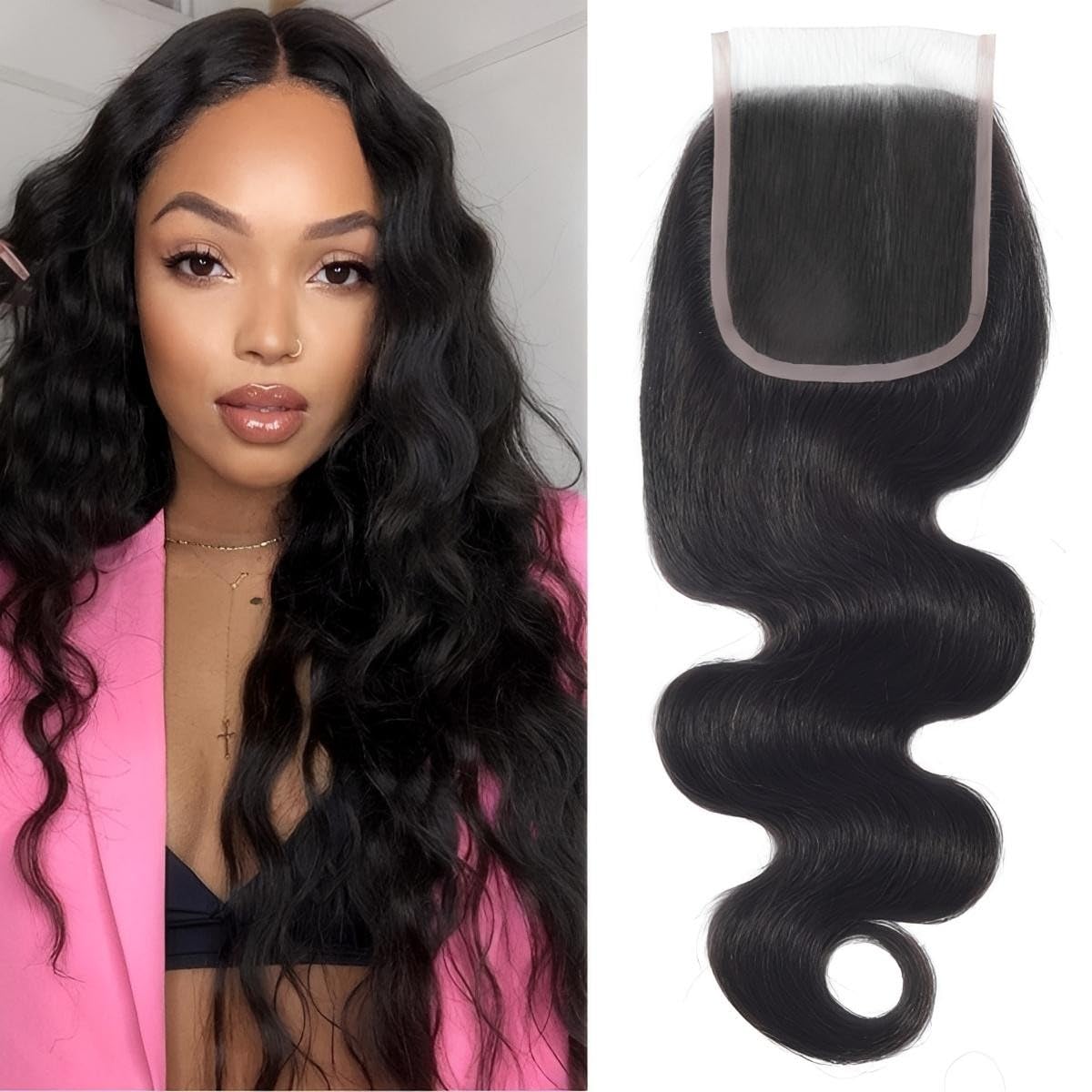 Sexycat Body Wave 4x4 Lace Closure Human Hair 10 Inch Natural Hairline Ear to Ear Lace Closure Pre Plucked with Baby Hair Natural Color